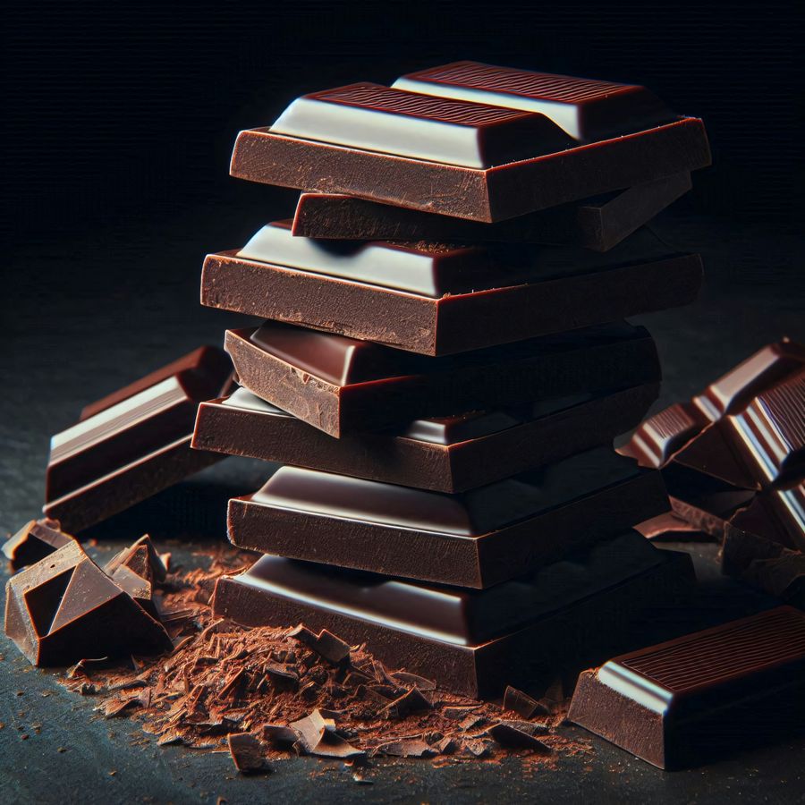 Stacked dark chocolate pieces on a dark background